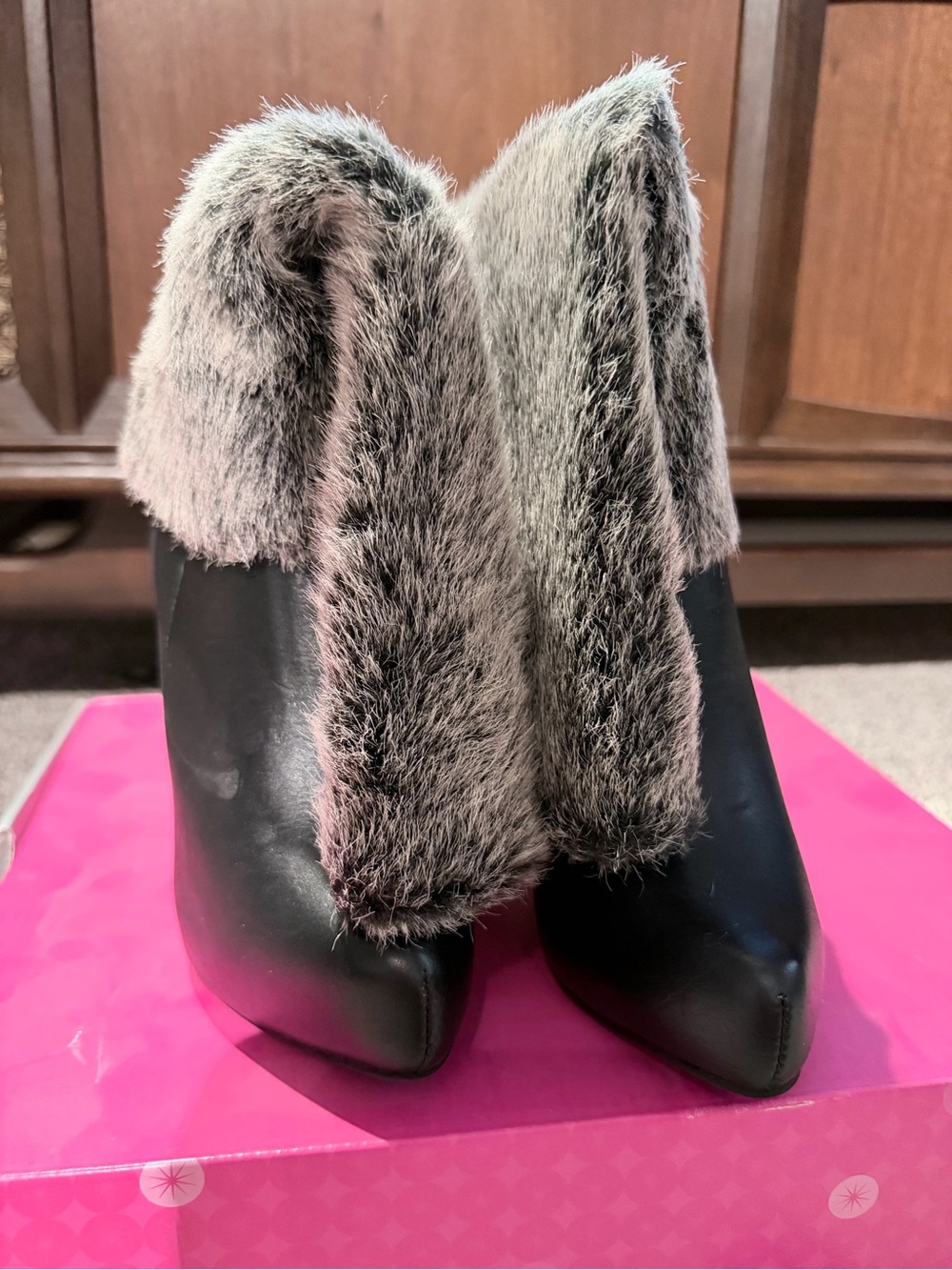 Shoe Dazzle Black Ankle Boots with Gray Faux Fur Cuff